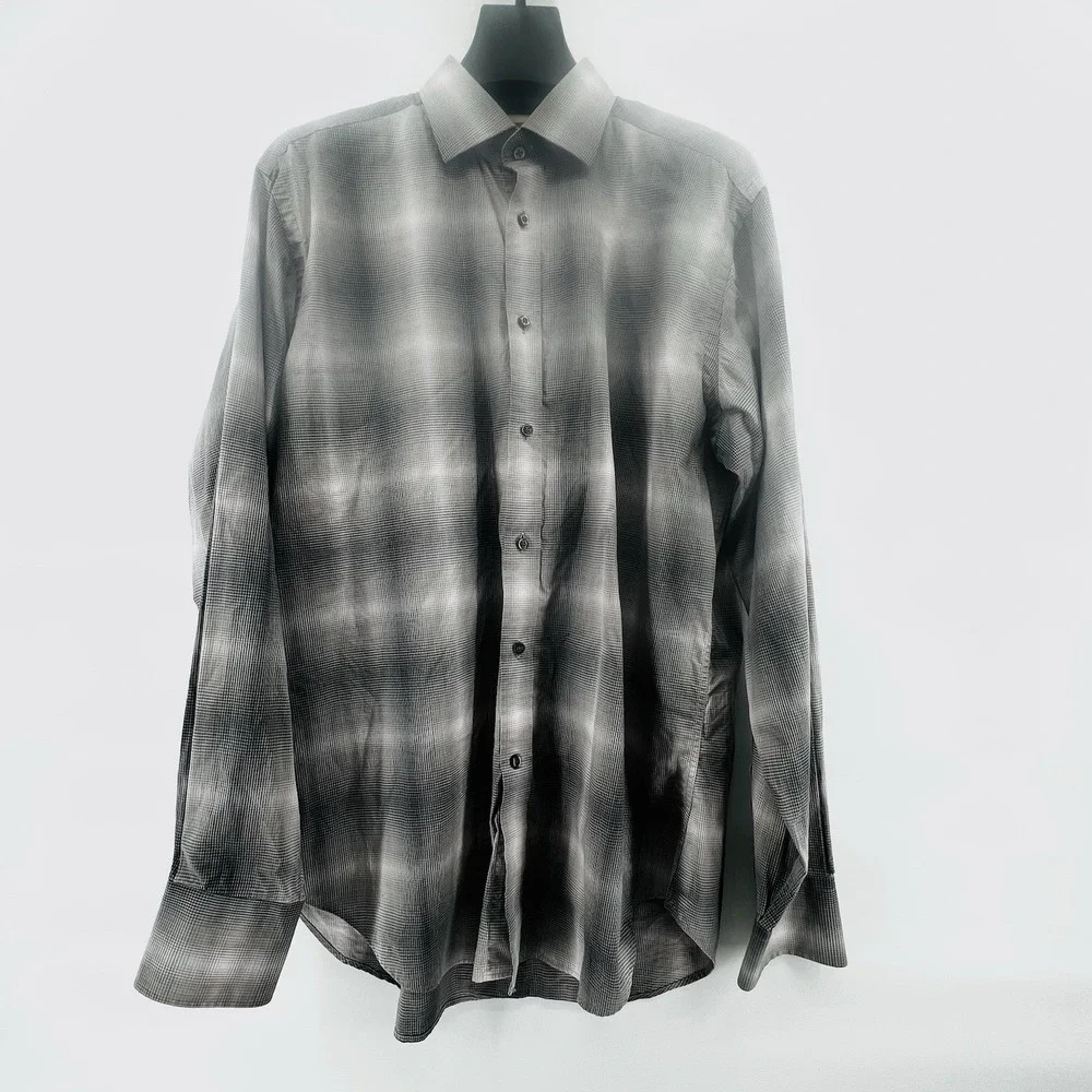Thomas Dean Men's Shirt L Black Gray Gradient Plaid Long Sleeve Button Front‎